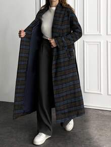 EURMUSE Plaid Print Pocket Belted Elegant Long Sleeve Long Jacket - Multicolor - View 3
