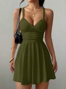 RiviMae 女式 V 领褶饰腰部 A 字形性感优雅细肩带短款针织连衣裙 - 軍綠色 - 查看 3