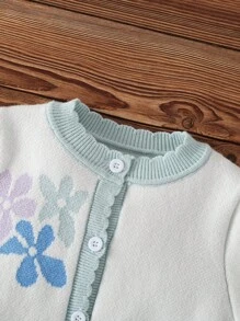 2pcs Baby Girls Knitted Sweater Cardigan And Pants Set,White Floral Cute Autumn Matching Family Outfit,Jacquard Long Sleeve Pullover Trousers,Warm - Multicolor - View 3