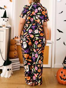 Chillnights Plus Size Candy Pumpkin Halloween Print Pajama Set - Multicolor - View 2