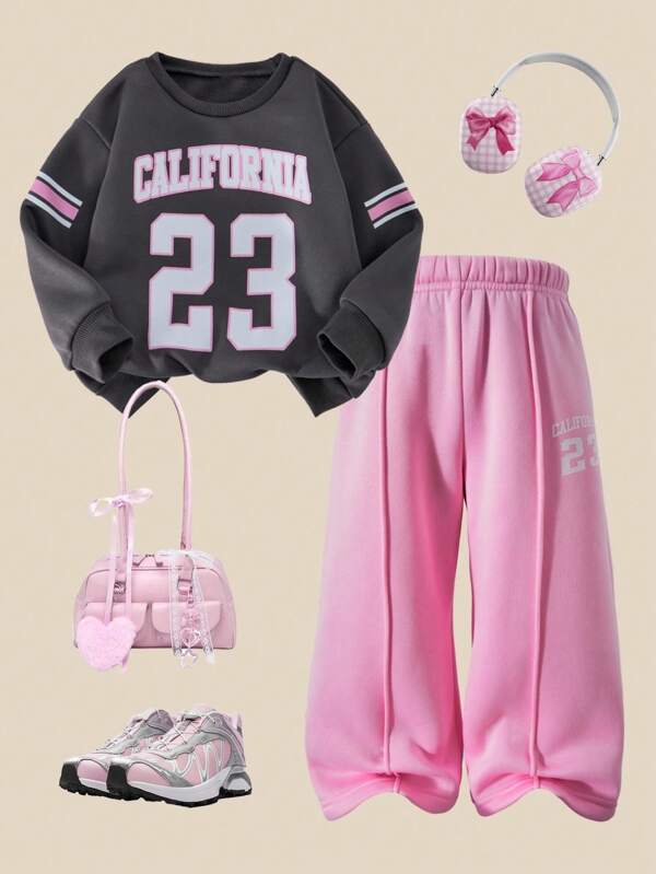 SHEIN Set de 2 piezas de sudadera y pantalones casuales con gráfico de California 23 para niñas, color rosa, para otoño/invierno