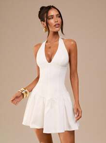 SHEIN BAE Simple Solid White Deep V-Neck Fitted Mini Dress For Women, Elegant White Dress, Beach Holiday Dress, Graduation/School Season White Dress - White - View 4