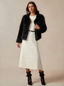 Chiquease Solid Color A-Line Knit Dress, Round Neck Hollow Out Bohemian Style Knit Dress Fall Winter Cloth For Women - Apricot - View 6