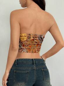SHEIN EZwear 休闲简约褶皱紧身垃圾摇滚风格腰果花和佩斯利复古印花抹胸，适合夏季、度假、音乐节 - 彩色 - 查看 2