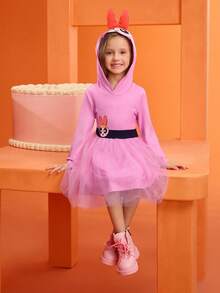 THE POWERPUFF GIRLS X SHEIN Young Girl Blossom Pattern Cute 3D Shaped Hooded Long Sleeve Mesh Costume Dress, Pink Fall Winter - Multicolor - View 5