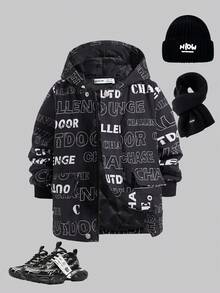 SHEIN Boys' Black Minimalist Letter Print Thermal Lined Zip-Up Hooded Jacket, Suitable For Winter Fall - Black - View 8