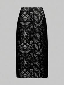 ROMWE Goth 哥特式黑暗神秘恐怖骷髅、蝙蝠、飞蛾、植物印花女式黑色半身裙，全印花，高开衩，秋冬 - 黑色 - 查看 2