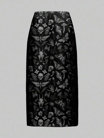 ROMWE Goth Falda negra con estampado gótico, oscuro y misterioso de calavera, murciélago, polilla y planta para mujeres, estampado completo, abertura alta, otoño/invierno