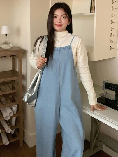 Dazy Plus 水洗蓝色宽松背带裤连体裤，休闲大码女式，适合所有季节秋冬
