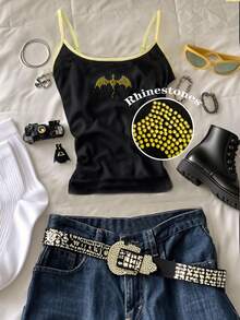 2025 女款恐龙水钻装饰休闲吊带背心 - 黑色 - 查看 1