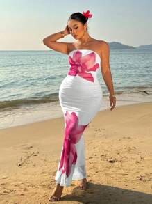 Sunnyshic Plus Size Wrap Style Form-Fitting Printed Dress, Vacation - White - View 5