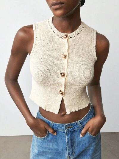 SHEIN Maija 여성용 단색 앞면 버튼 장착 우아한 민소매 스웨터 가을/겨울 파티 탑 여성용 캐주얼 블라우스 여성용 캐주얼 여성용 캐주얼 스웨터