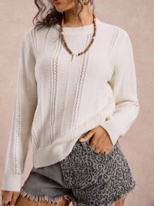 SHEIN VCAY Suéter Casual Folgado de Manga Longa com Decote Redondo e Recortes para Mulheres Plus Size no Outono/Inverno - Branco - Visão 4
