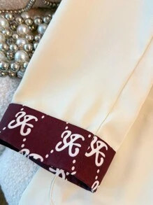 Franclia 2 件套优雅印花撞色 3/4 袖西装外套和裤子白色套装，适合秋冬季 - 杏色 - 查看 5