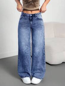 SHEIN Tall Quần jean ống rộng ống đứng cài nút thường ngày cho nữ, phù hợp mặc hàng ngày - Rửa tối - Xem 7