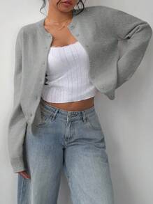 SHEIN BASICS 女款休閒純色圓領寬鬆短版長袖開襟針織外套，冬季外套 - 灰色 - 查看 6