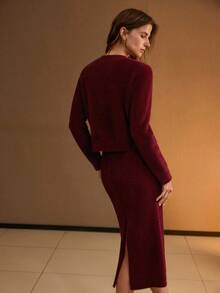 MOTF PREMIUM SOLID FLORAL METAL BUTTON PLACKET CARDIGAN & KNIT SKIRT SET - White - View 3