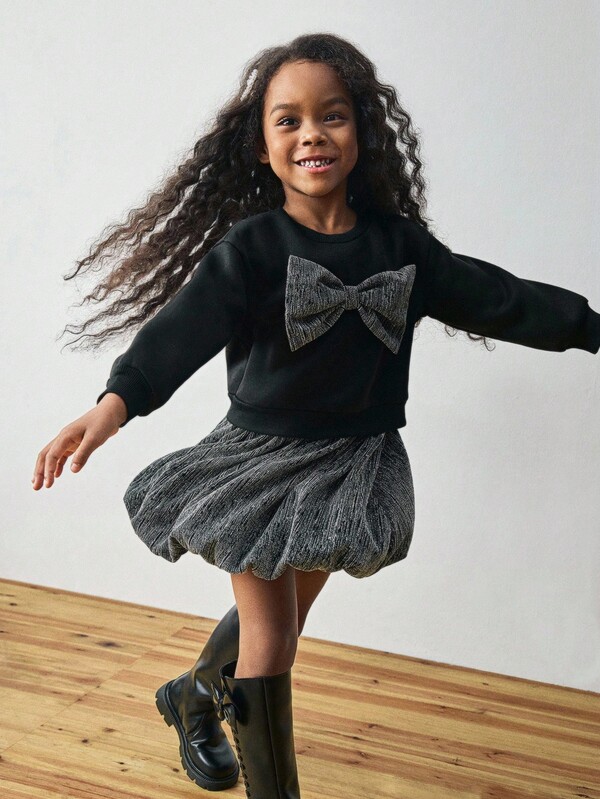 Maija Kids Maija Kids 2pcs Young Girl Bowknot Decor Round Neck Long Sleeve Sweatshirt And Skirt Set Fall Winter