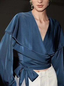 Uhlyne Uhlyne Áo sơ mi nữ dáng rộng tay dài dệt kim thanh lịch màu trơn cổ chữ V thắt eo thời trang đi làm có thiết kế - Xanh đậm - Xem 1
