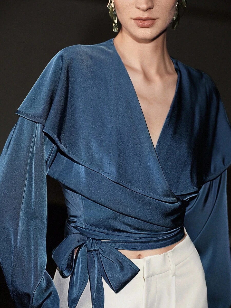 Uhlyne Uhlyne Áo sơ mi nữ dáng rộng tay dài dệt kim thanh lịch màu trơn cổ chữ V thắt eo thời trang đi làm có thiết kế - Xanh đậm - Xem 1