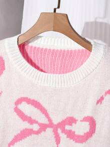 SHEIN Elladie kids 女童圓領針織上衣，粉色與白色蝴蝶結裝飾，漸層針織，可愛，秋季，學校告別，返校季，親膚柔軟，派對，Y2K - 粉色 - 查看 6
