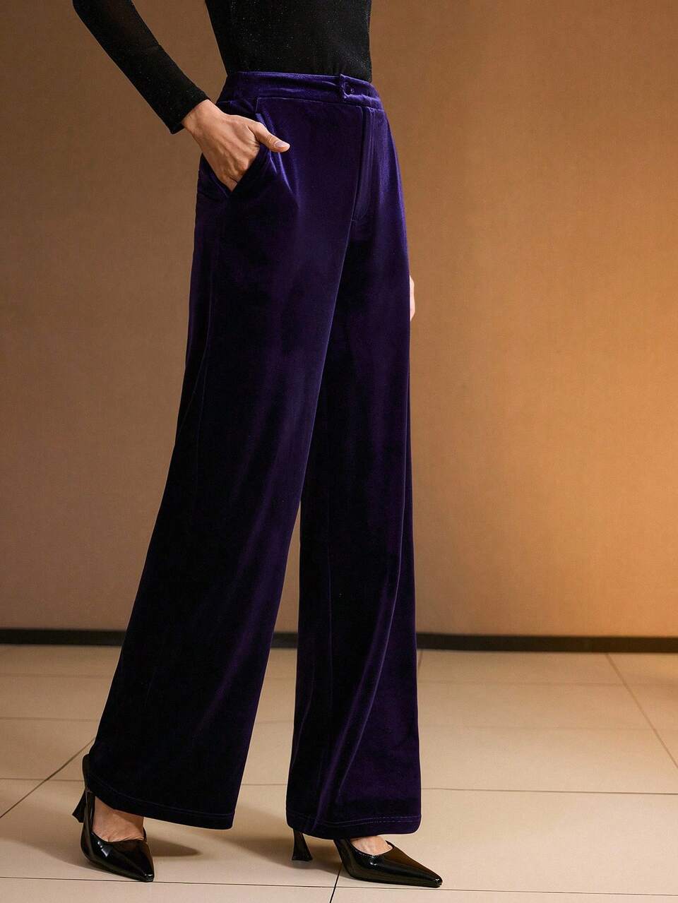 MOTF VELVET SOLID SLANT POCKET WIDE LEG SUIT PANTS