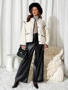 Auralis 大码女式纽扣口袋长袖休闲夹克，秋冬 - 白色 - 查看 7