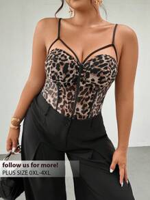 Firerie Plus Size Leopard Print Corset Bodice Adjustable Bodysuit,Brown,Summer,70's,Country,Night Out Club,Party,Elegant Commute, Date,Prom,Wedding,Beach - Multicolor - View 1