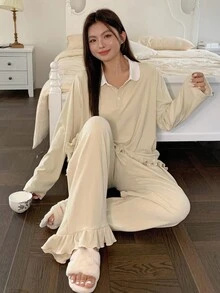 Dazy Plus Contrast Color Patchwork Shirt Collar Loose Ruffle Hem Casual Top & Wide Leg Pants Warm Pajama Set, Plus Size Women Spring/Fall Sleepwear - Apricot - View 8