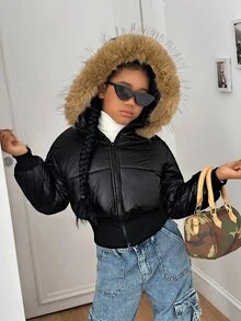 Sparklyn Áo khoác có mũ trùm đầu cho bé gái, cổ lông, tay dài, kiểu dáng ngắn, áo khoác có đệm, thích hợp mặc khi chơi và mặc khi đến trường, mùa đông - màu đen - Xem 1