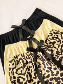 Cute Wide Leg Mini Sleep Shorts With Textured Patterns And Knot Detail In Multicolor 3 Pieces Short Sets Women Leopard Print Shorts Women Short Sets 3pcs Short Sets For Women Ruffle Shorts - Multicolor - View 4