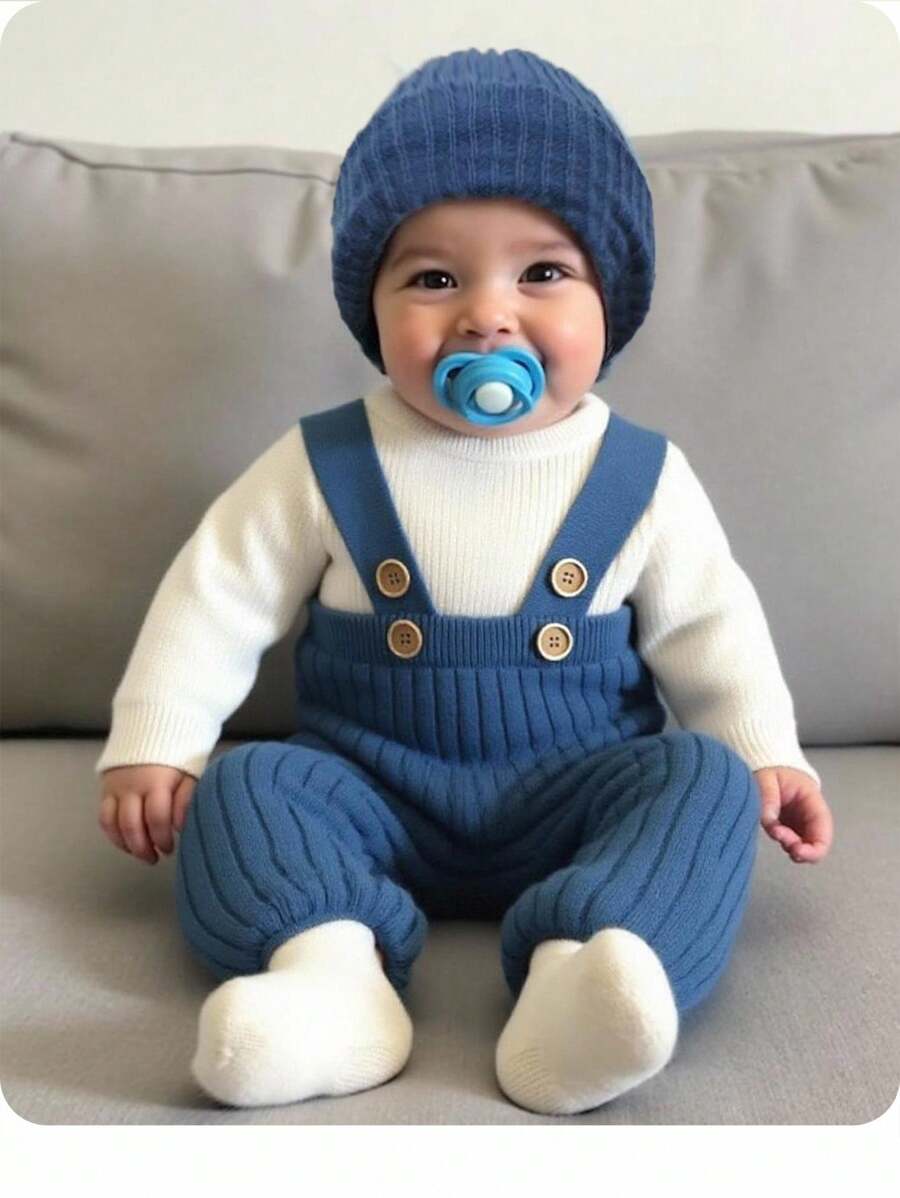 SHEIN Set di tutina, bavaglino e cappello in maglia per neonata, con parte superiore color albicocca