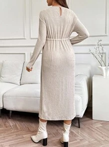 SHEIN Robe de maternité décontractée, mode minimaliste, avec taille cintrée et manches longues - Noir - Voir 2