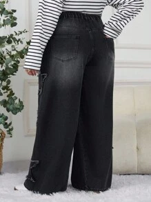 SHEIN CURVE+ 大码女式五角星磨边口袋阔腿宽松休闲牛仔裤 - 黑色 - 查看 2