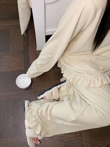 Dazy Plus Contrast Color Patchwork Shirt Collar Loose Ruffle Hem Casual Top & Wide Leg Pants Warm Pajama Set, Plus Size Women Spring/Fall Sleepwear - Apricot - View 4