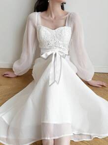 Modelyn 女式撞色蕾丝甜心领网眼长袖中长连衣裙 - 白色 - 查看 4