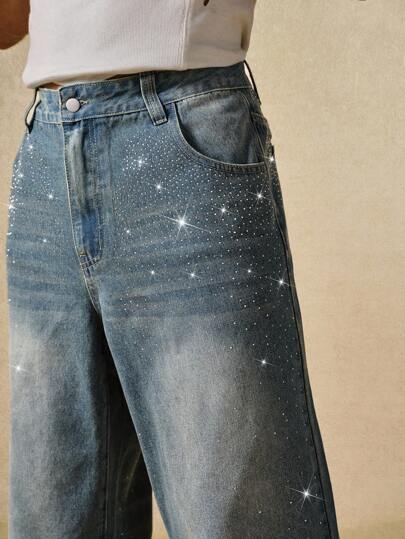 Street Life Jeans rectos y sueltos cómodos con adornos de rhinestones, aptos para uso diario