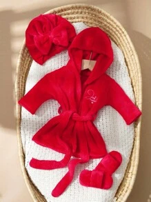 SHEIN Roupão para fotografia de recém-nascidos com turbante combinando, chapéu e mini chinelos, roupas para ensaio fotográfico infantil, bordados com amor, acessórios para recém-nascidos - Vermelho - Ver 6