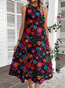 SHEIN LUNE Women Casual Colorful Floral Print Mid-Length Dress, Suitable For Spring & Summer Vacation,Bohemian Clothes,Dresses For Women Summer Chic Dress - Multicolor - View 4