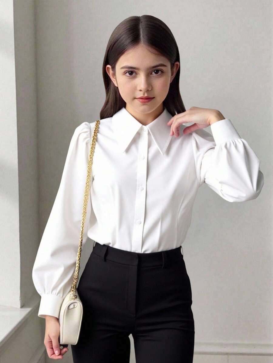 SHEIN 青少年女孩返校休闲纯色长袖梭织衬衫 - 白色 - 查看 1