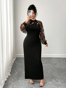 SHEIN Elenzya Elegant Fashion Party Stand Collar Mesh Patchwork Long Sleeve Fitted Waist Plus Size Women Dress Fall Cloth For Women - Black - View 4