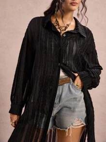 SHEIN VCAY 大码女式纯色落肩长袖单排扣休闲长衬衫 - 黑色 - 查看 2