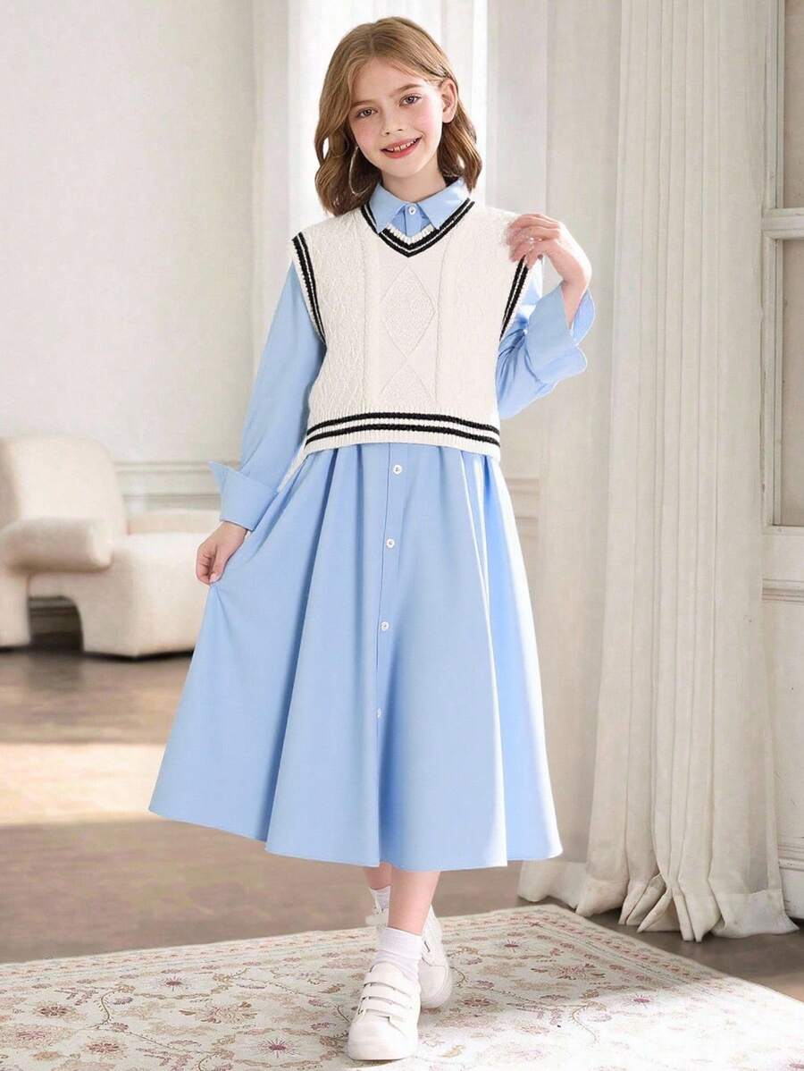 Set de vestido camisa informal y chaleco de punto para niñas, 2 piezas - Blanco - Ver 1