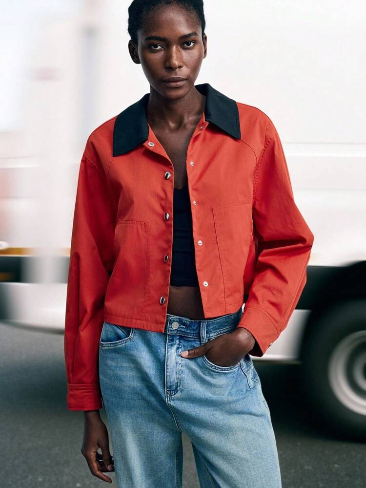 SHEIN Maija Women's Casual Color Block Collar Jacket, Suitable For Spring/Autumn Cropped Jacket Orange Jacket Western Jacket Women Women Orange Shirt Western Shirt Women Red Cropped Jacket,Fall Women Clothes