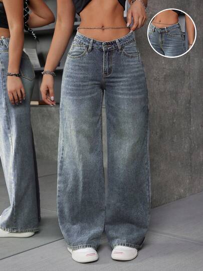 SHEIN ICON 大码女式时尚街头低腰链条装饰宽松阔腿牛仔裤