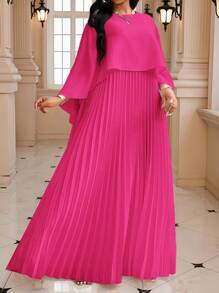 Fleurora 加大码纯色褶皱圆领优雅长袖连衣裙 - 玫紅色 - 查看 3