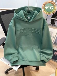 SHEIN 青少年男孩简约轮廓绿色压花连帽衫，休闲学院风格，舒适时尚，百搭柔软面料，适合日常穿着、上学、郊游、户外运动、秋冬季 - 綠色 - 查看 2