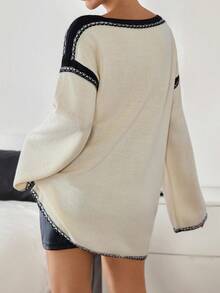 EURMUSE Damen Pullover mit Kontrastbindung, Drop-Shoulder - Creme - Übersicht 5