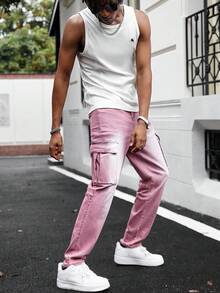 Manfinity Homme 男士休闲日常水洗翻盖口袋牛仔裤男士粉色牛仔裤粉色工装裤男士男朋友和丈夫款水洗修身度假裤 - 紅木色 - 查看 6