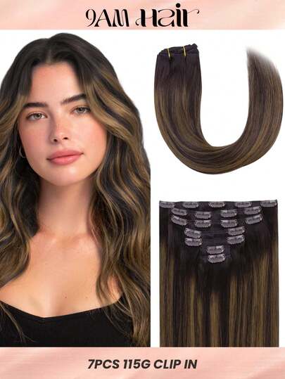 7 PIEZAS Extensiones de cabello con clip recto 100% cabello humano real de 14-24 pulgadas 115G Doble trama Extensiones de cabello con clip invisibles Cabello humano Remy natural para uso diario de mujeres y niñas